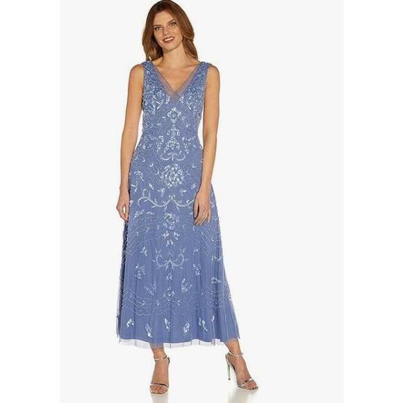 Adrianna Papell Women's Blue Beaded Ankle Length Dress 18 RTL: $350.00